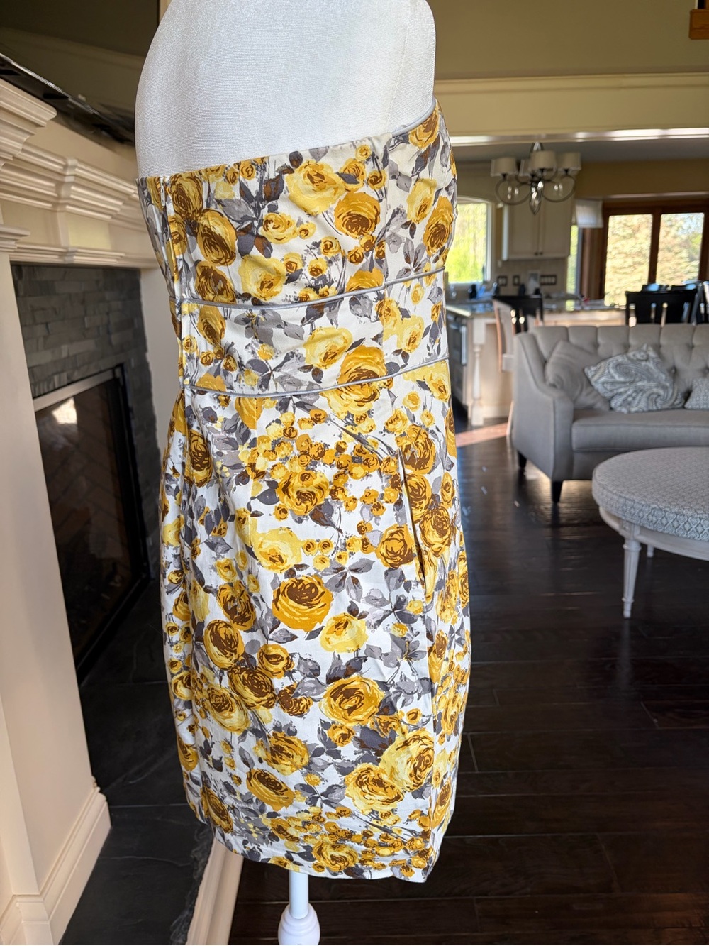 B. Smart Yellow/Gray Floral Strapless Sundress Sz 10 Cotton Pockets Vintage Y2K - Picture 6 of 10